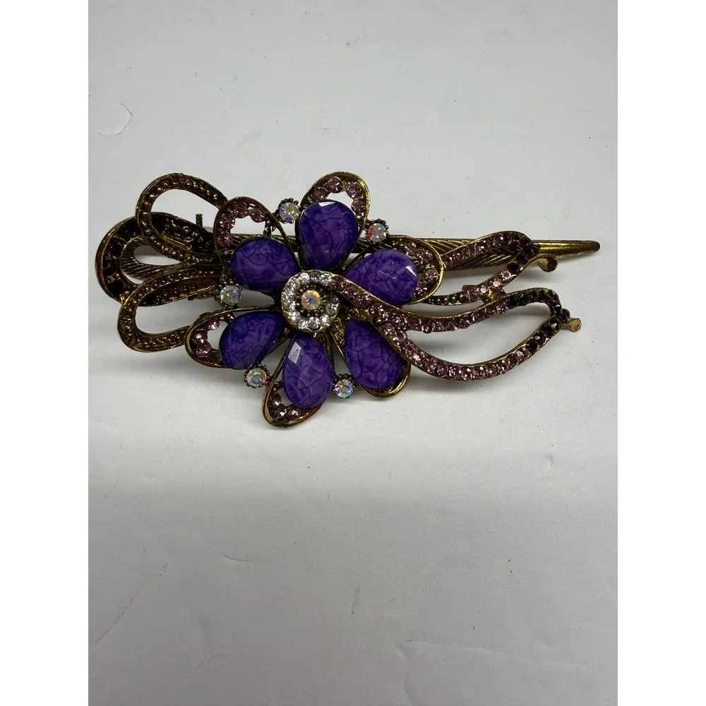 Vintage Style Purple Floral Hair Clip Gold Tone Rhinestone Crystal Barrette